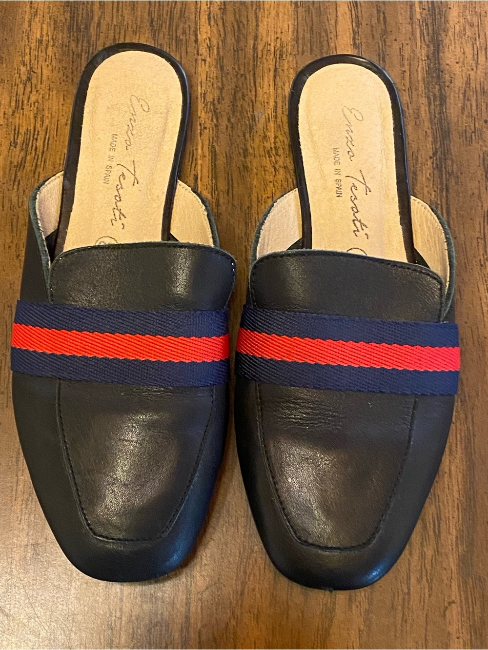 Enzo Tesoti Blue Leather Slip-On Mules with Navy & Red Stripe